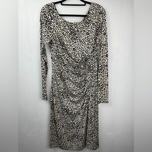 LK BENNETT Women’s LEOPARD Print Scoop Neck Long Sleeve Ruched 100% Silk Dress 8